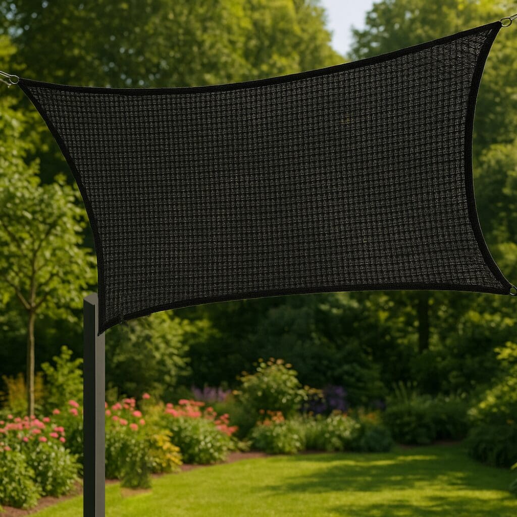 Large 5x5m 4 point shade sail covering outdoor sitting space
