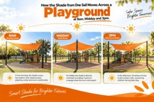 how the shade from one sail moves across a playground at 9am, midday and 3pm. shade sails for schools (1) Shade sails for schools showing playground shade movement from 9am to 3pm